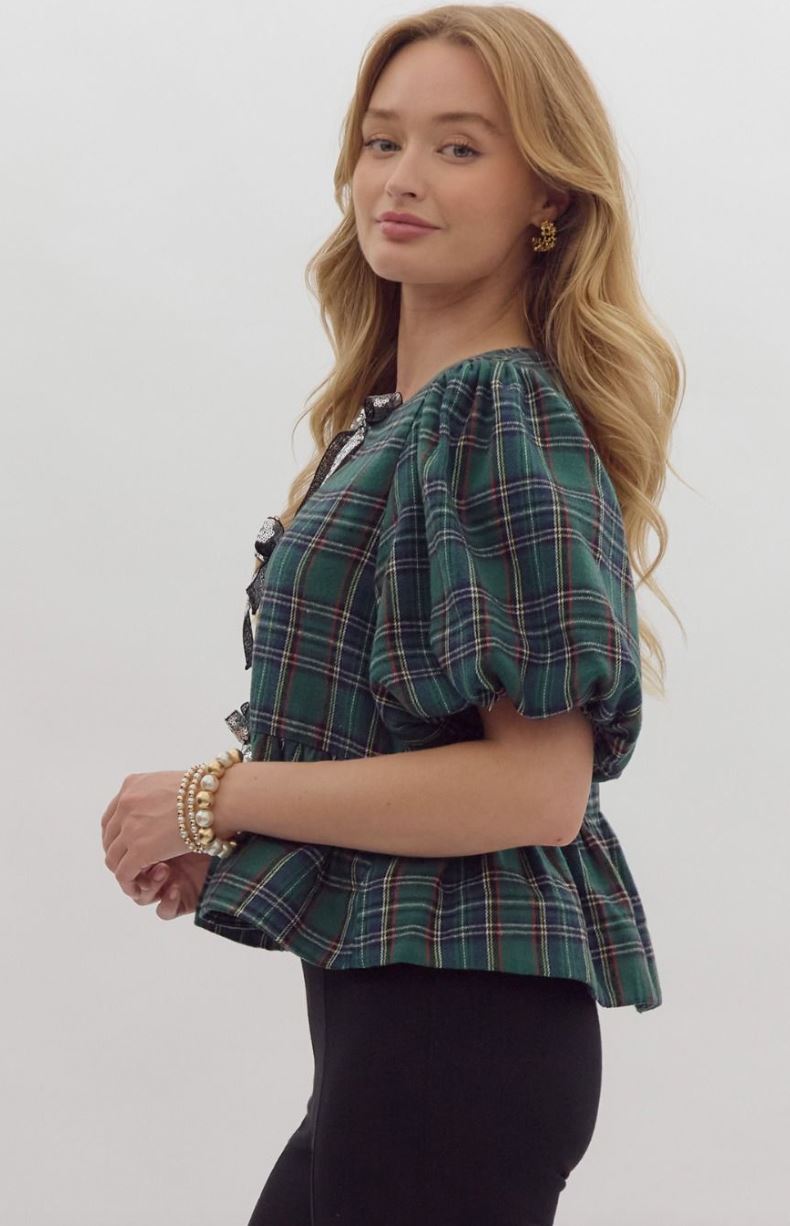 Plaid Peplum Sequin Bow Top Entro