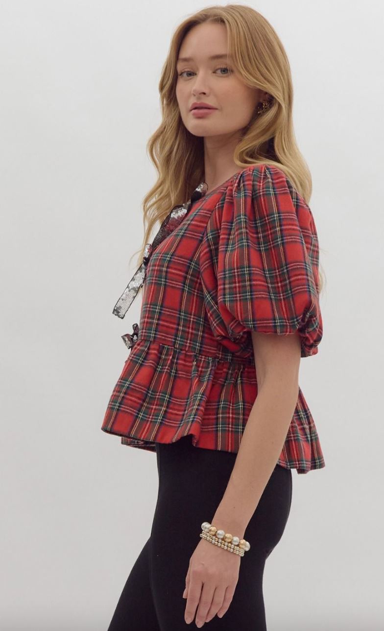 Plaid Peplum Sequin Bow Top Entro