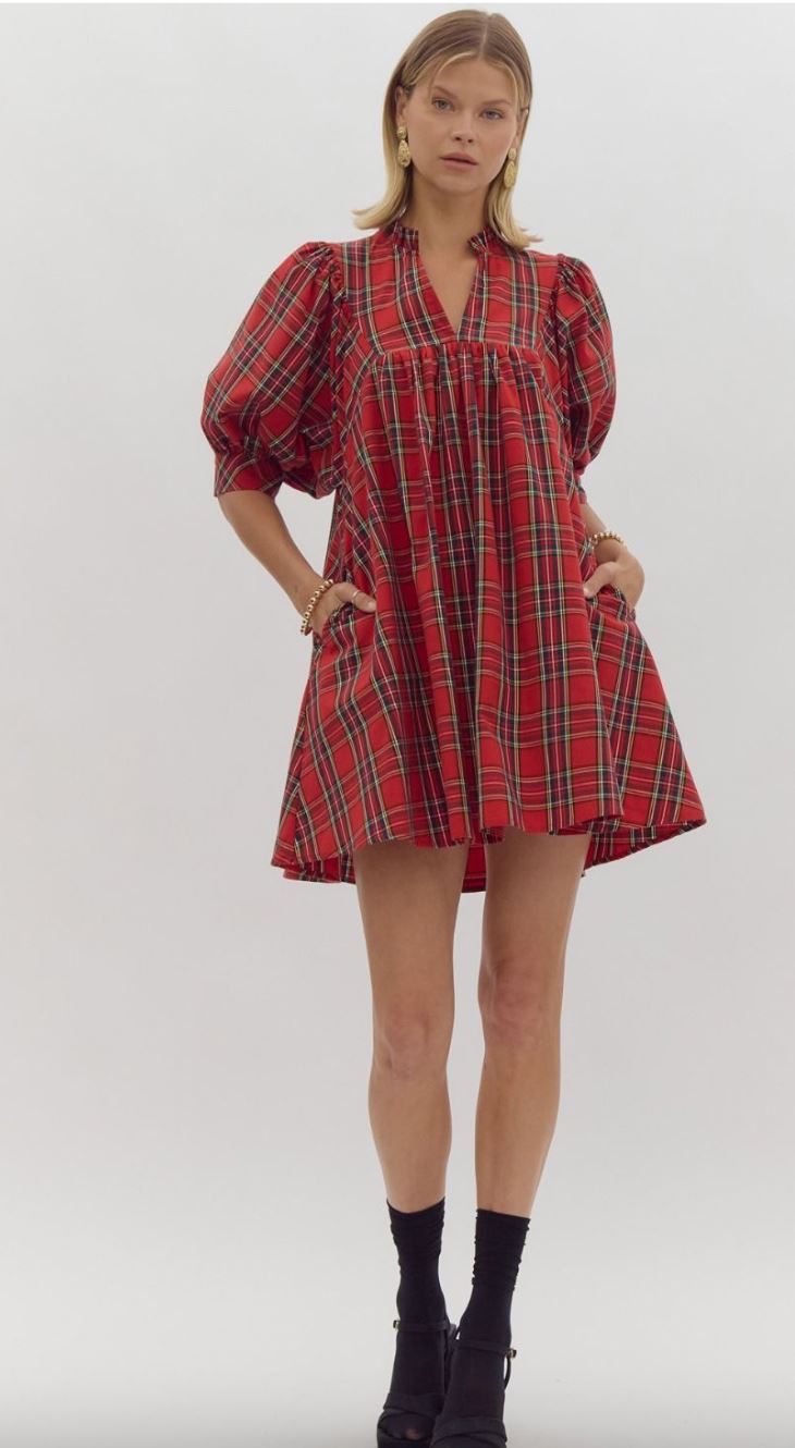 Plaid V Neck Puff Sleeve Dress entro