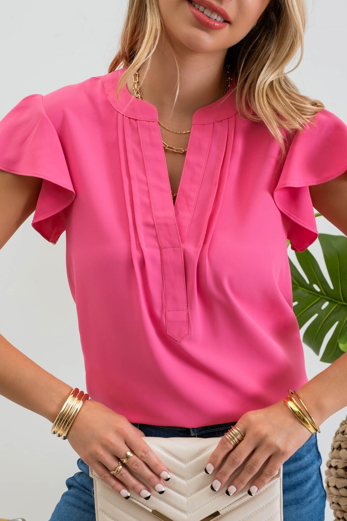 PLEATED SPLIT NECK FLUTTER SLEEVE TOP Mine & Em