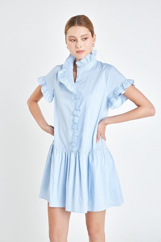 Powder Blue Poplin Ruffled Collar Dress English Factory