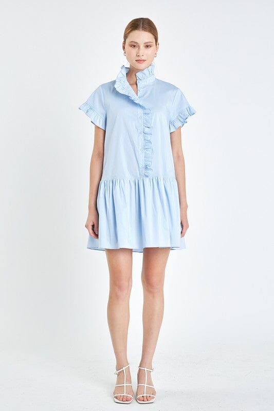 Powder Blue Poplin Ruffled Collar Dress English Factory