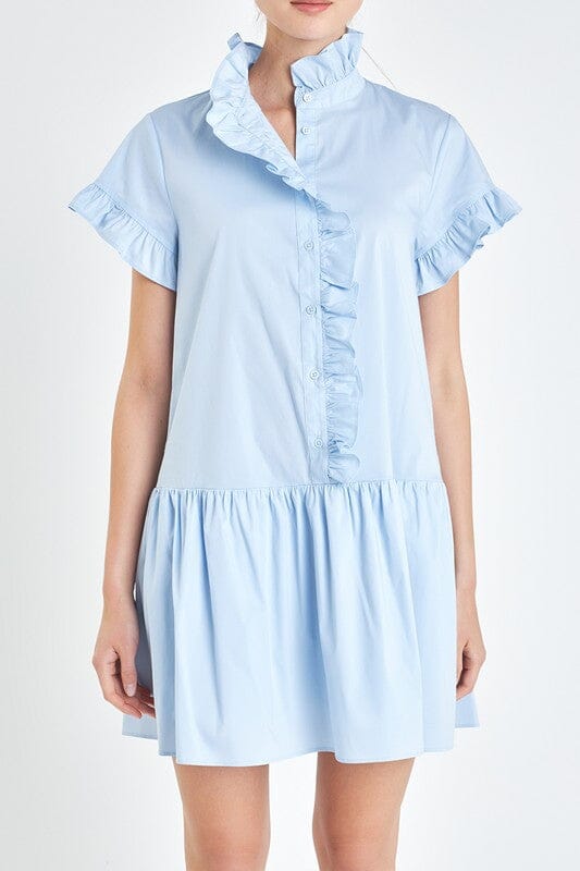 Powder Blue Poplin Ruffled Collar Dress English Factory