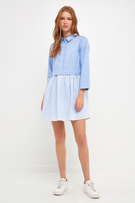 Powder Blue Striped Contrast Shirt Dress English Factory