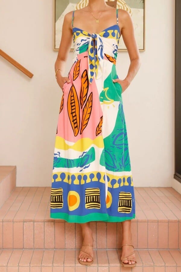 PRINTED FRONT BOW TIE SLIT DRESS Sundayup