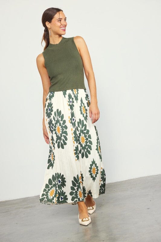 Printed Pleated Midi Dress skies are blue