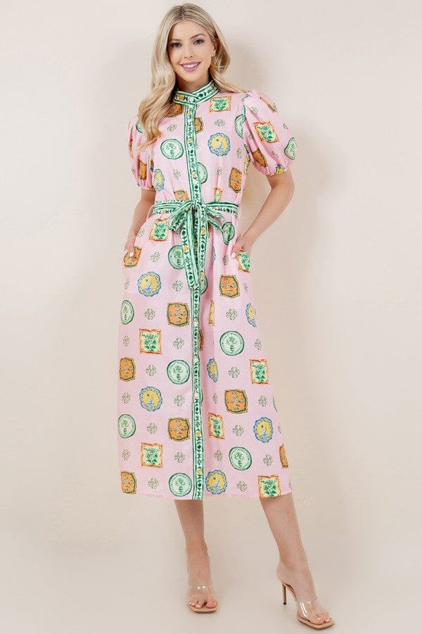 Printed Puff Sleeve Button Dress Sundayup