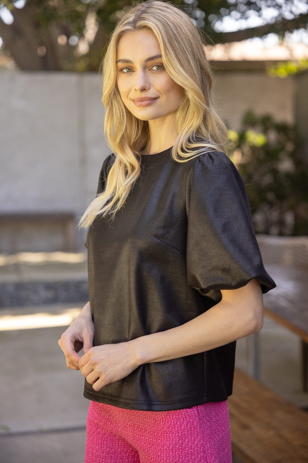 Puff Sleeve Faux Leather Top Voy