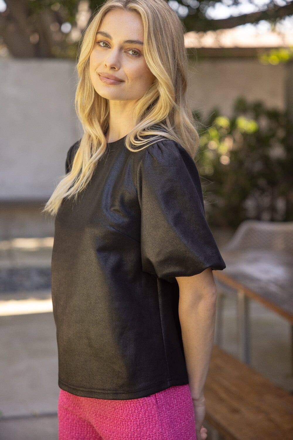 Puff Sleeve Faux Leather Top Voy