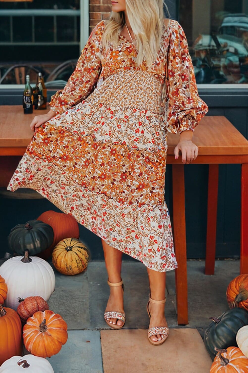 Pumpkin Spice Tiered LS V Neck Midi Dress Kentce