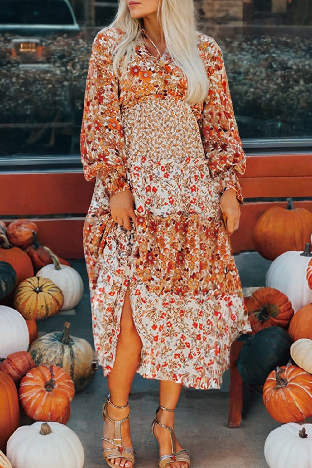 Pumpkin Spice Tiered LS V Neck Midi Dress Kentce