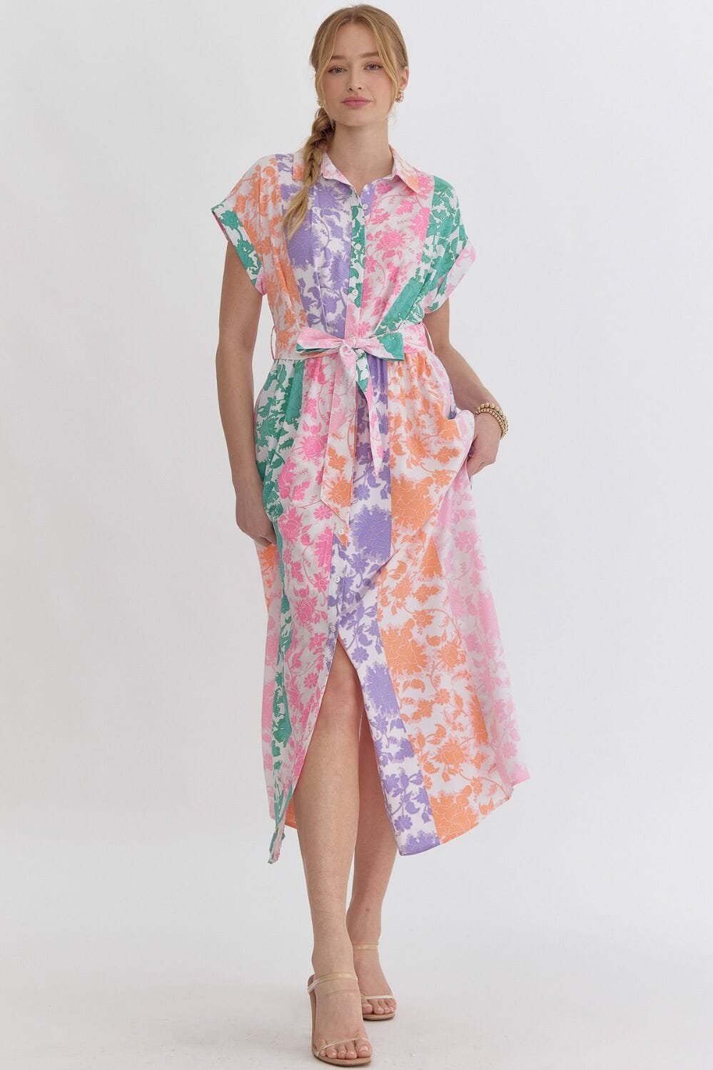 Purple and Green Floral Colorblock Collared Midi entro