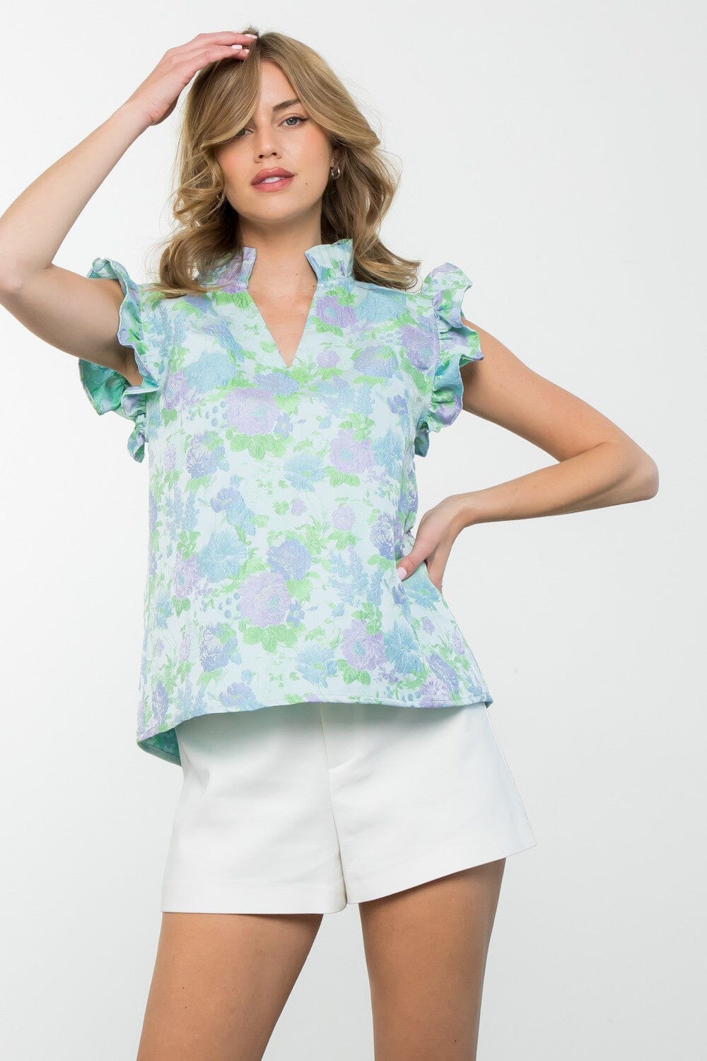 Purple Ruffle Detail Floral Print Top thml
