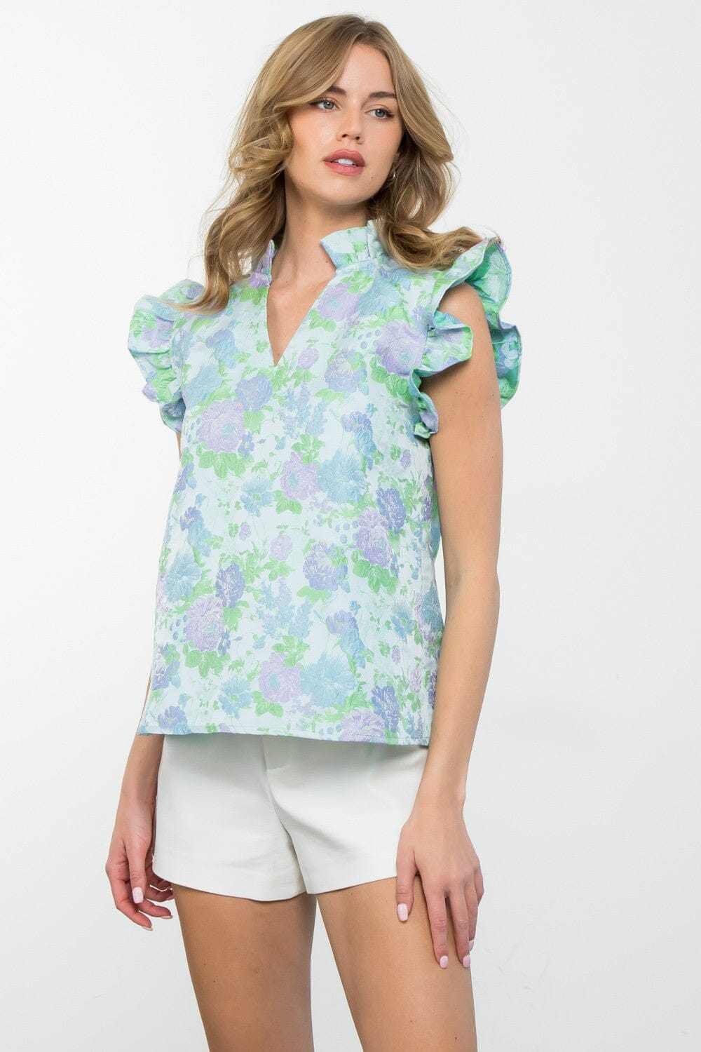 Purple Ruffle Detail Floral Print Top thml