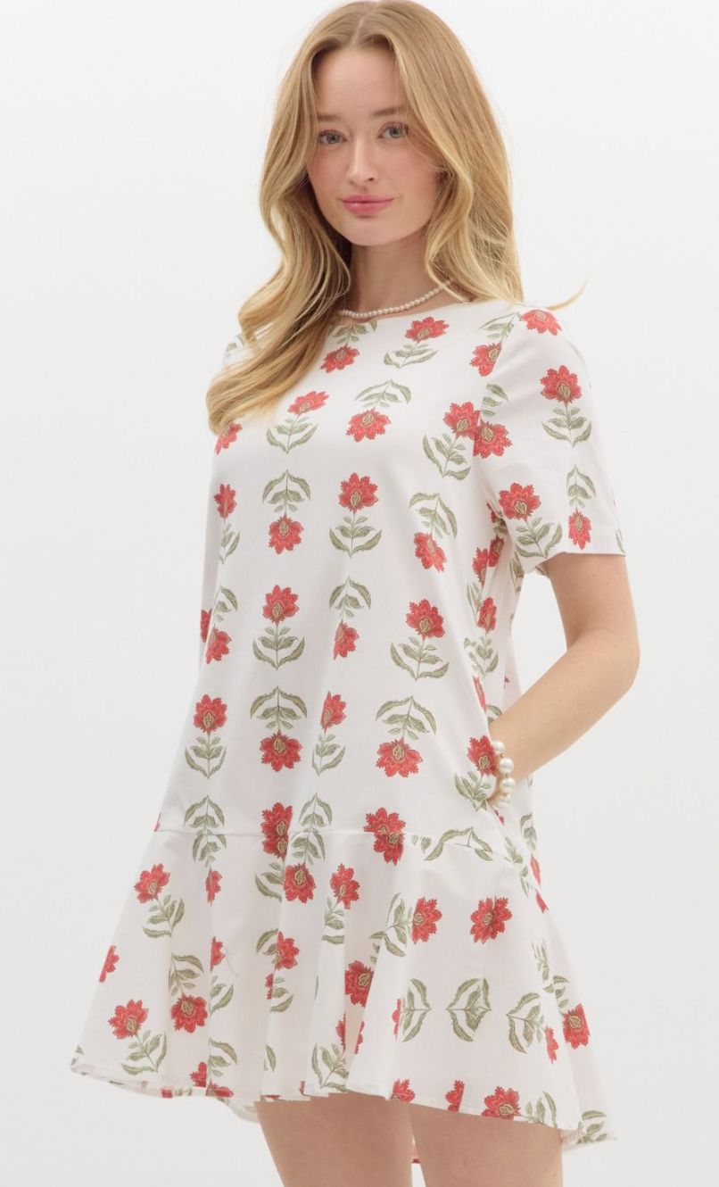 Red Floral Flutter Hem Dress entro
