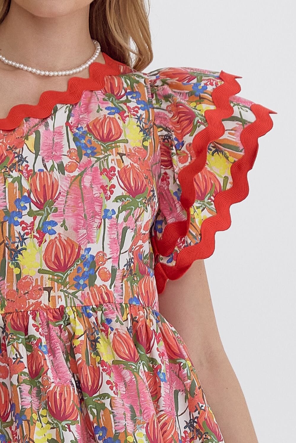 Red Floral Print One-Shoulder Dress with Ric Rac entro