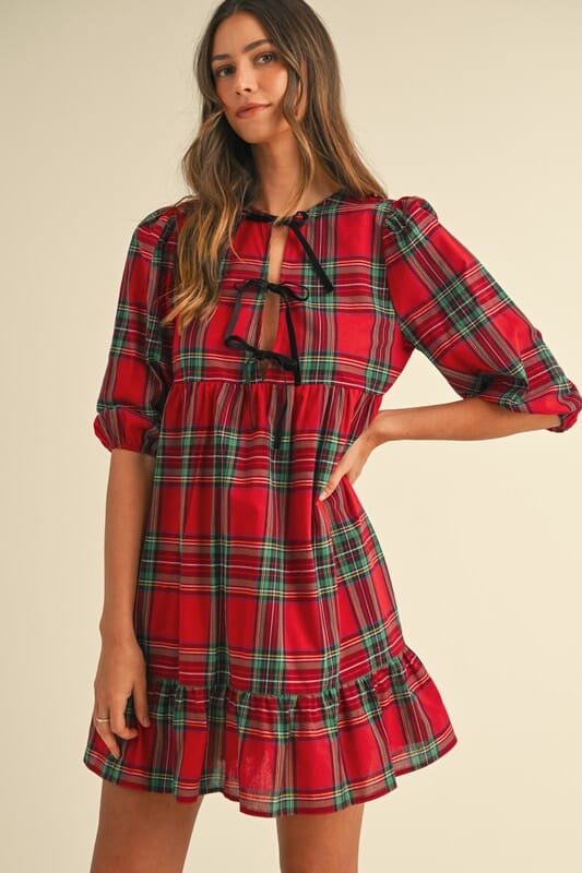 Red Holiday Plaid Dress with Velvet Bow Detail Annie Wear