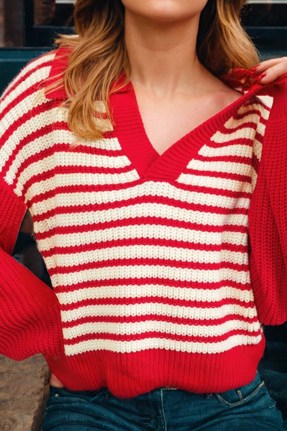 Red Lantern Sleeve Stripe Knit Sweater Kentce