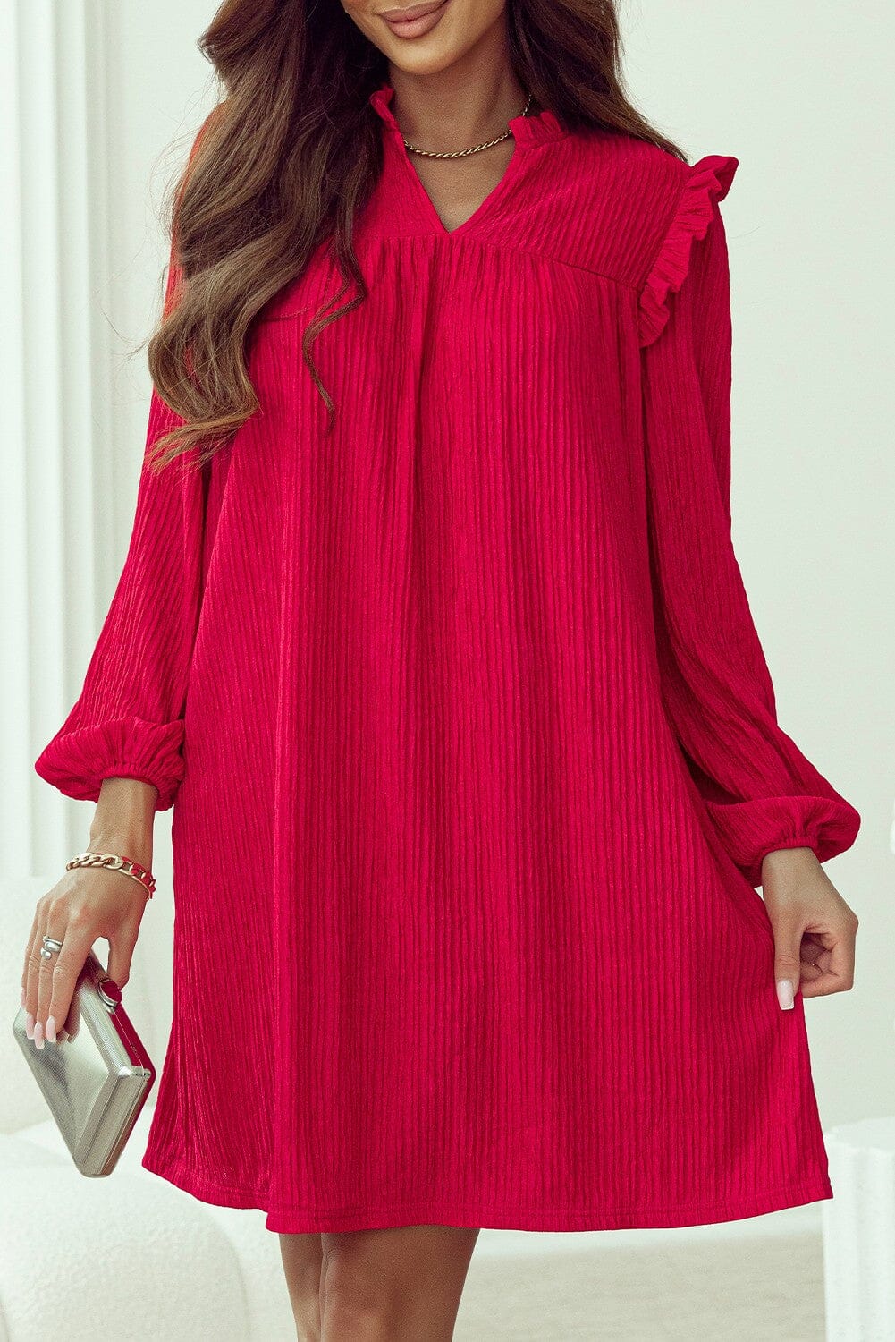 Red Ruffled Trim V Neck Dress Youmi
