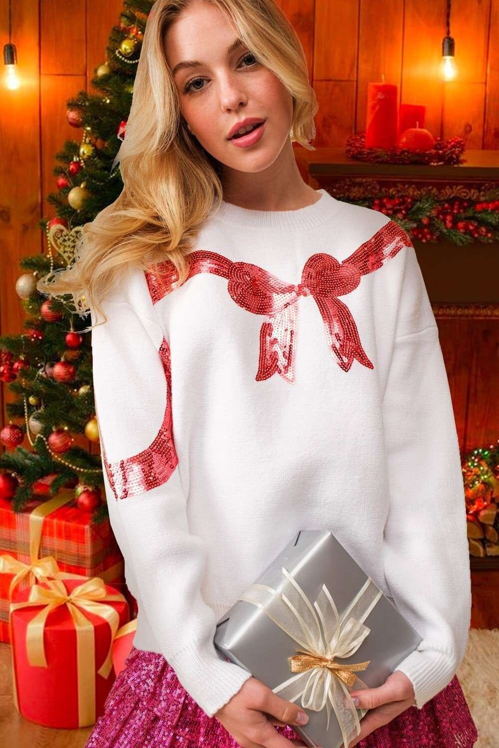 Red Sequin Bow Sweater Main Strip