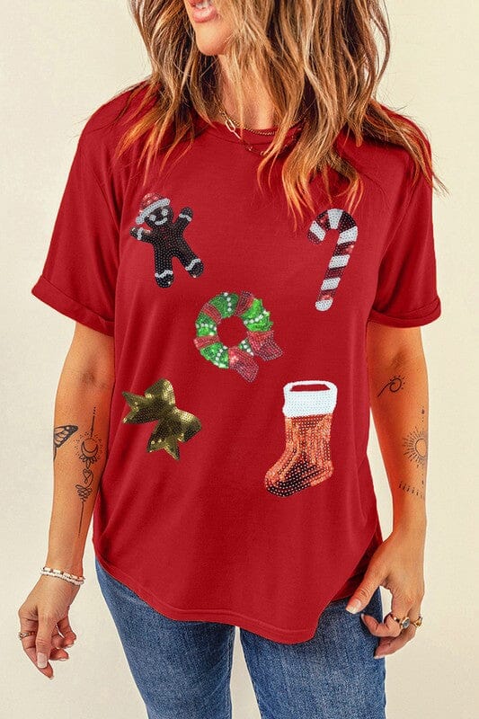 Red Sequin Patch Tee Shewin