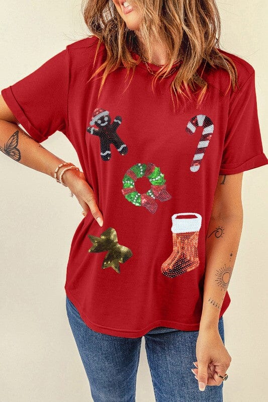 Red Sequin Patch Tee Shewin