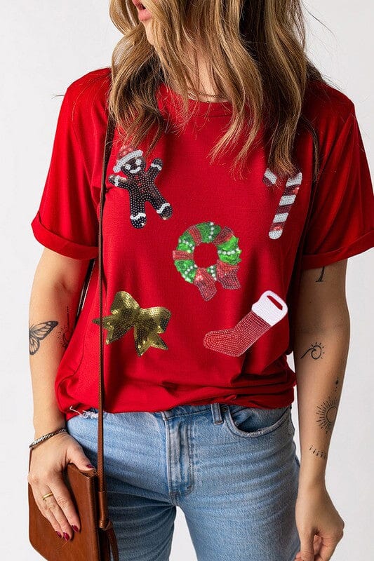 Red Sequin Patch Tee Shewin