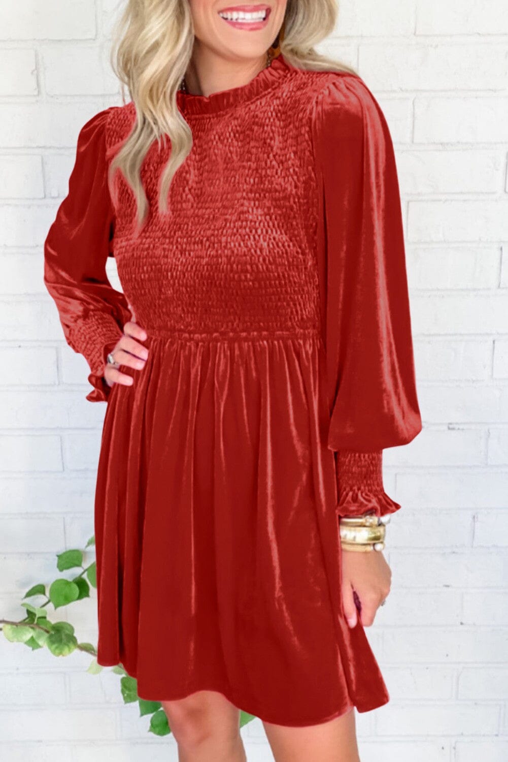 Red Smocked Bodice Velvet Dress sweet lover fashions