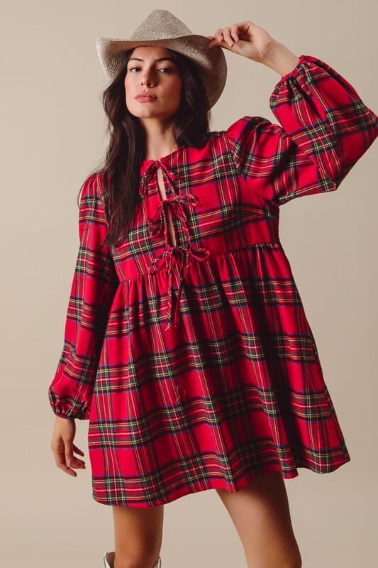 Red Tartain Tie Front Dress So Me