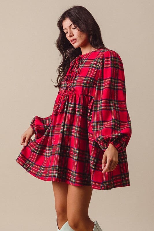 Red Tartain Tie Front Dress So Me