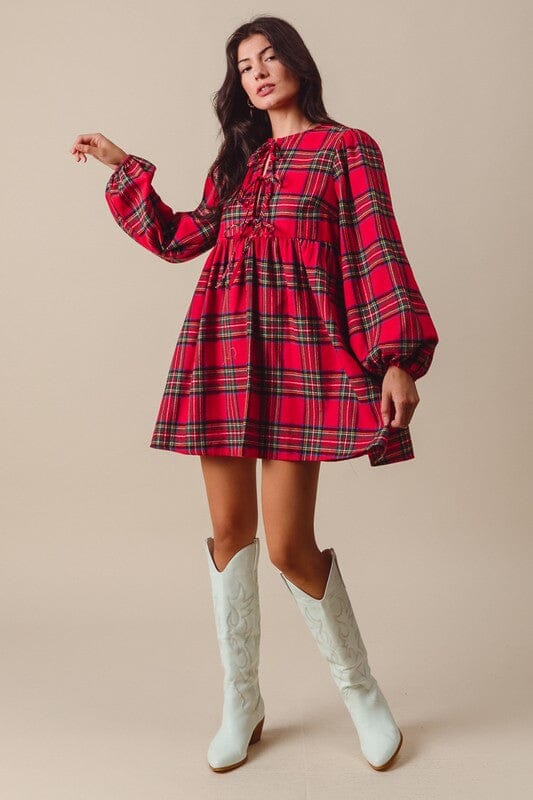 Red Tartain Tie Front Dress So Me