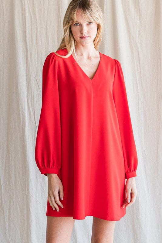 Red V-Neck Bubble Sleeve Dress Jodifl