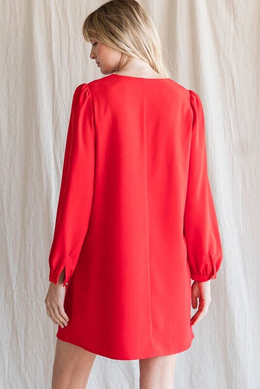 Red V-Neck Bubble Sleeve Dress Jodifl