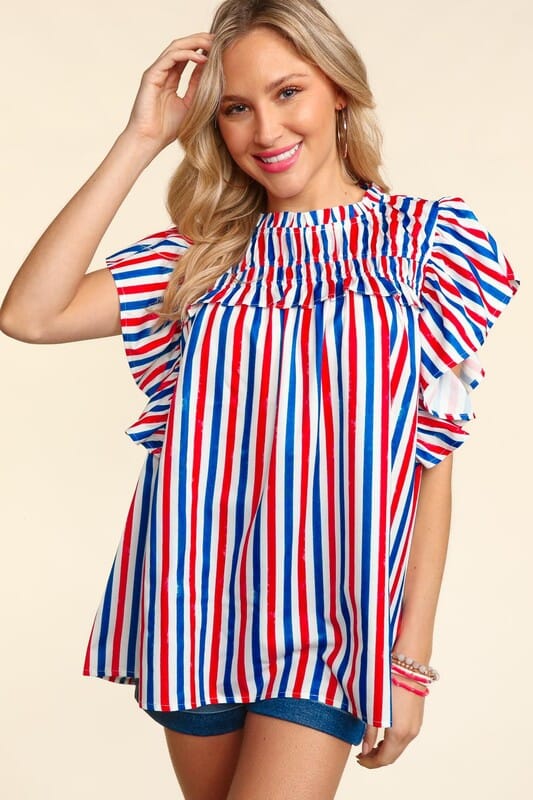 Red, White and Blue Striped Flutter Sleeve Top Haptics