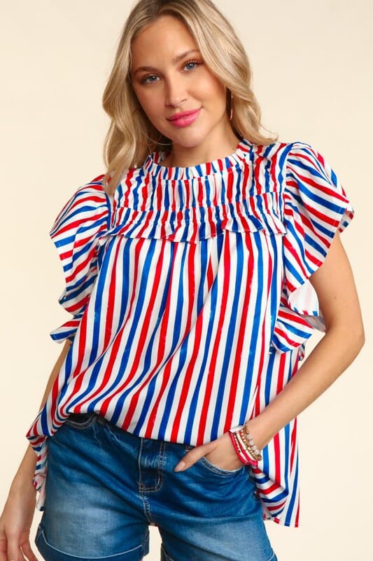 Red, White and Blue Striped Flutter Sleeve Top Haptics