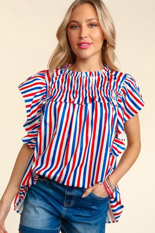Red, White and Blue Striped Flutter Sleeve Top Haptics