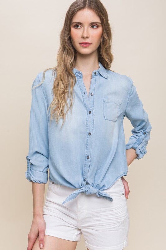 Relaxed Tie Front Collared Button Down Blouse love tree
