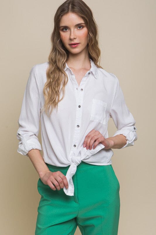 Relaxed Tie Front Collared Button Down Blouse love tree