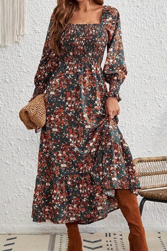 Retro Fall Floral Smocked Bodice Maxi Wholesalesir
