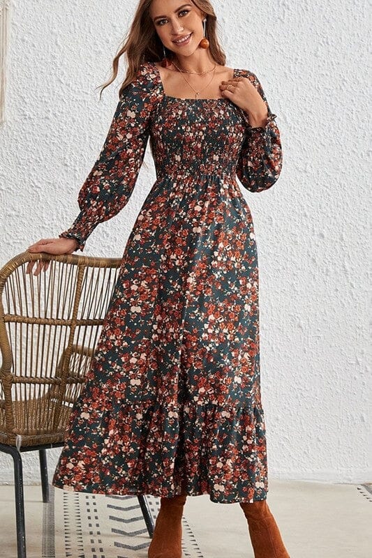 Retro Fall Floral Smocked Bodice Maxi Wholesalesir