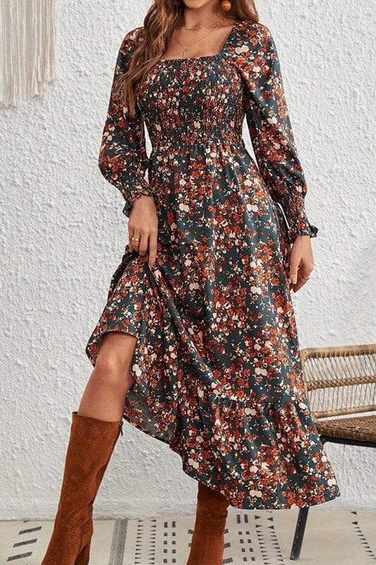 Retro Fall Floral Smocked Bodice Maxi Wholesalesir
