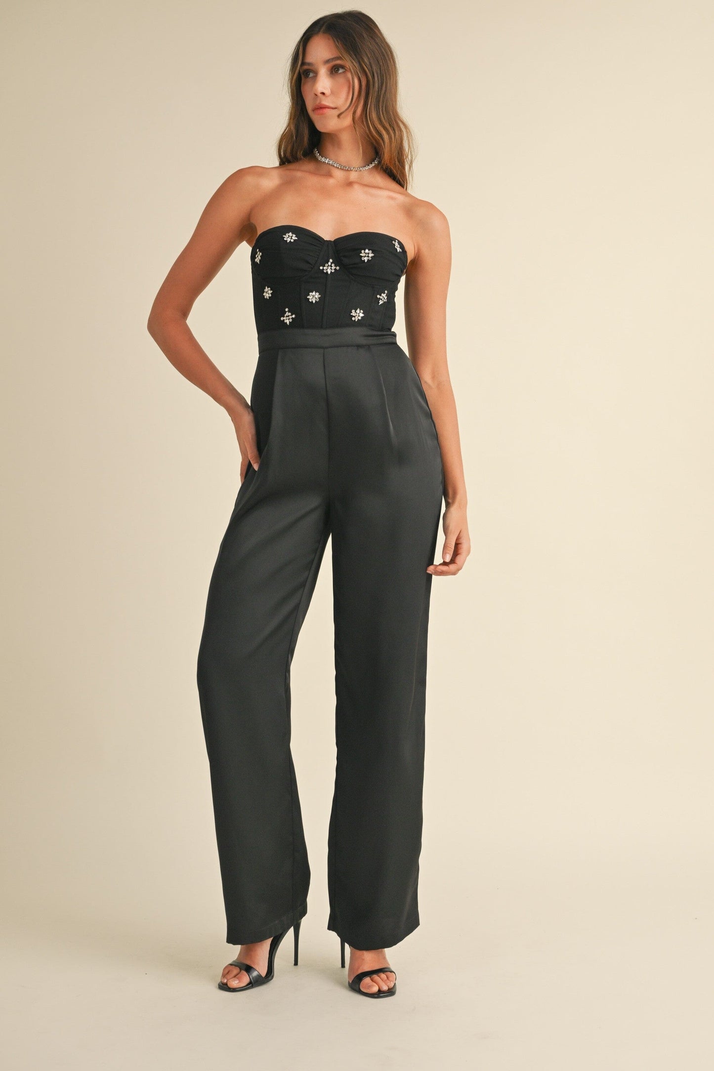 RHINESTONE APPLIQUE BUSTIER JUMPSUIT Mable