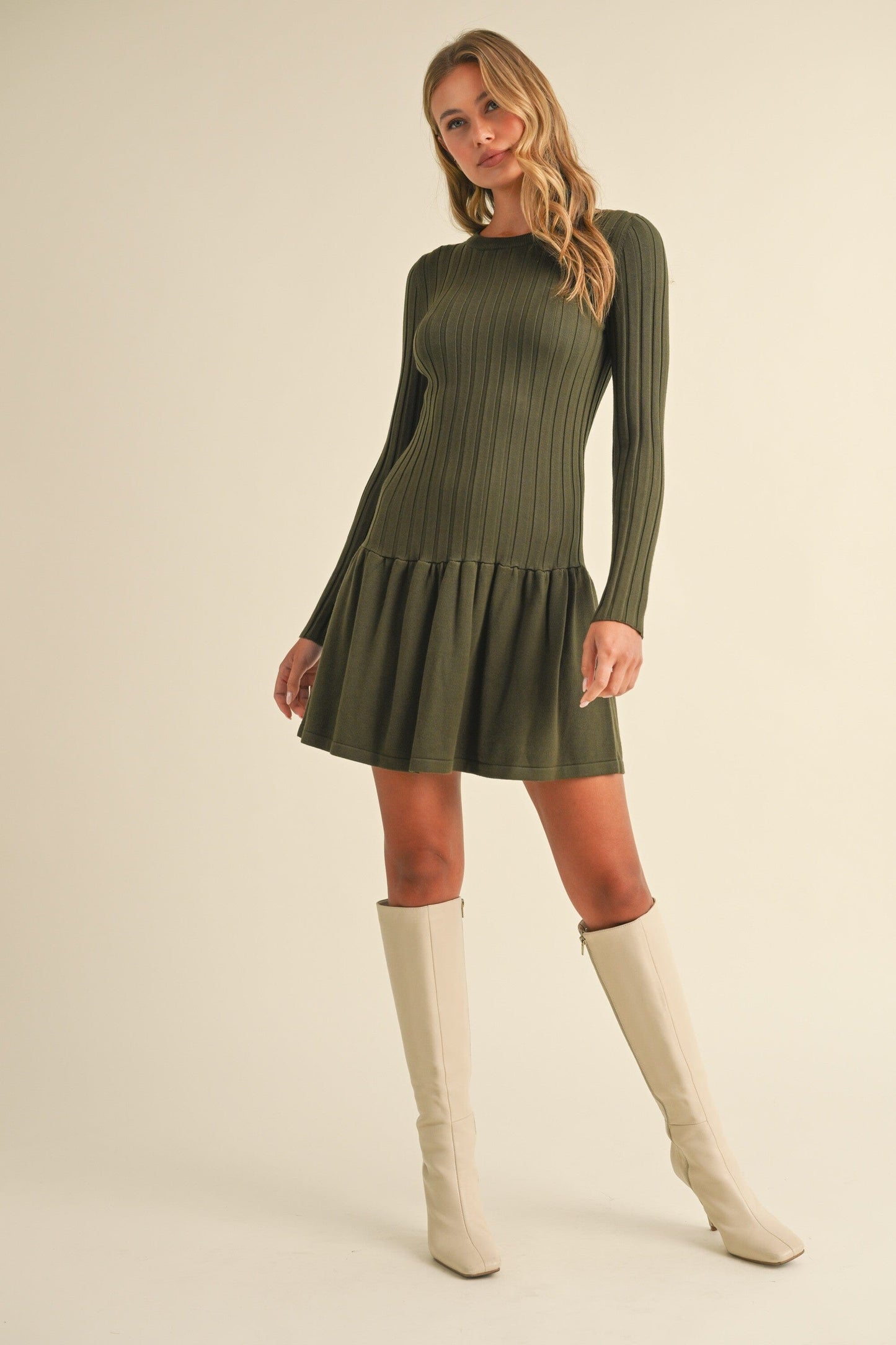 RIB CREWNECK SWEATER DROP WAIST FLARED DRESS Klesis