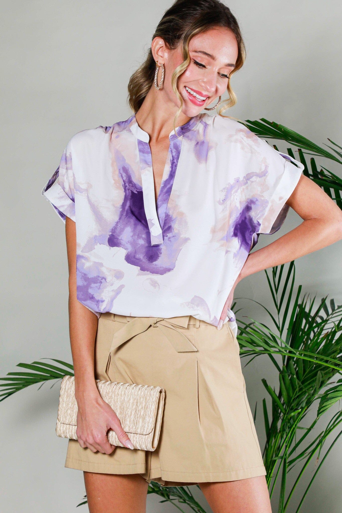 ROLL UP SHORT SLEEVE MARBLE PRINTED TOP Vine & Love
