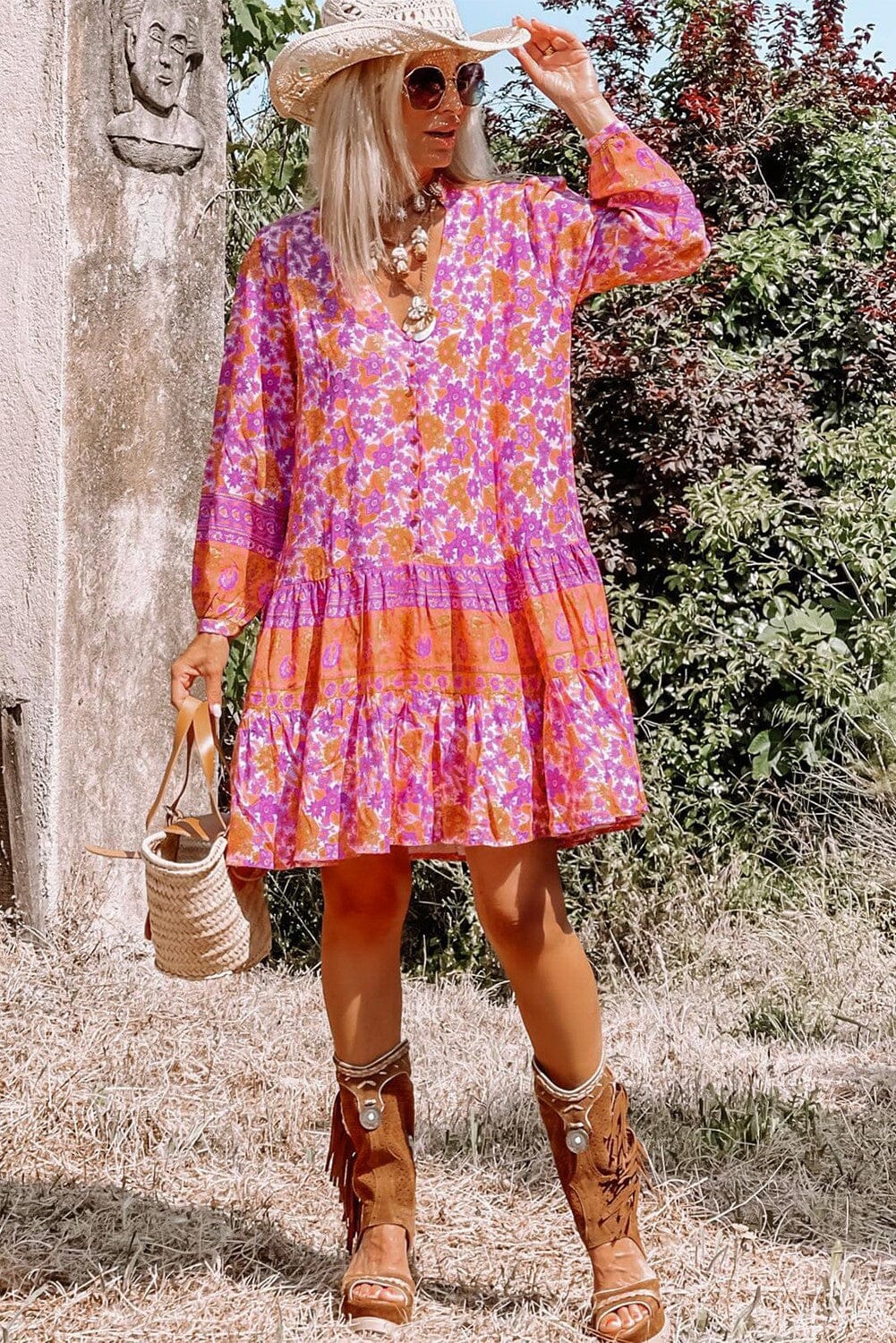 Rose Boho Floral Puff Sleeve V-Neck Ruffled Dress socali the label