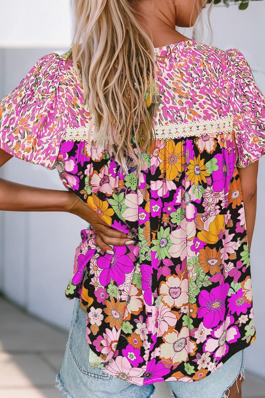 Rose Bubble Sleeve Lace Trim Floral Mixed Blouse jupiter and me