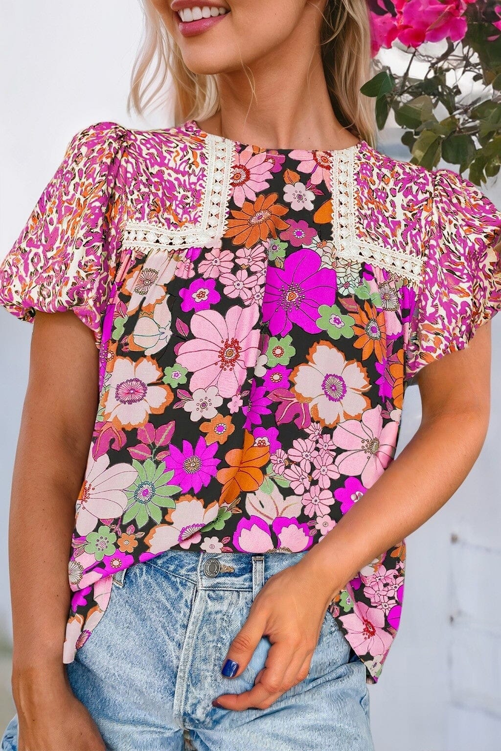 Rose Bubble Sleeve Lace Trim Floral Mixed Blouse jupiter and me