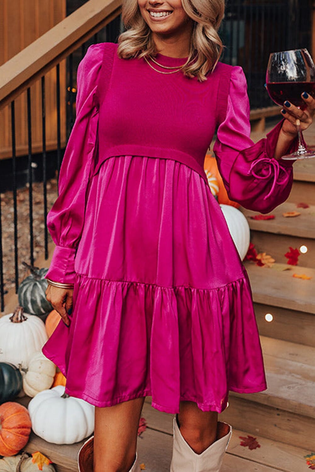 Rose Contrast Vest Splicing Ruffle Shift Dress Youmi