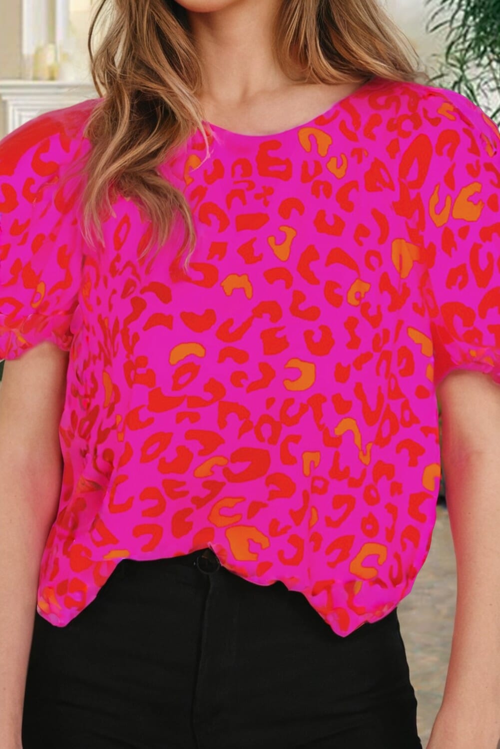Rose Leopard Printed Puff Sleeve Top Shiying