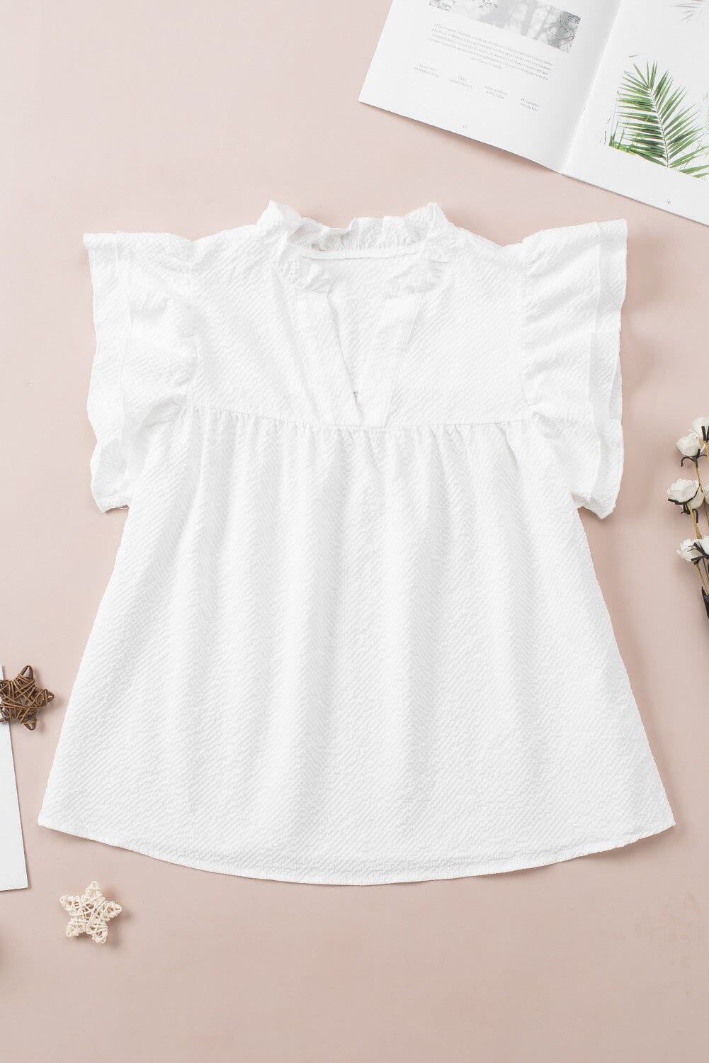 Ruffle Accent Flutter Sleeve Notch Neck Top Kentce
